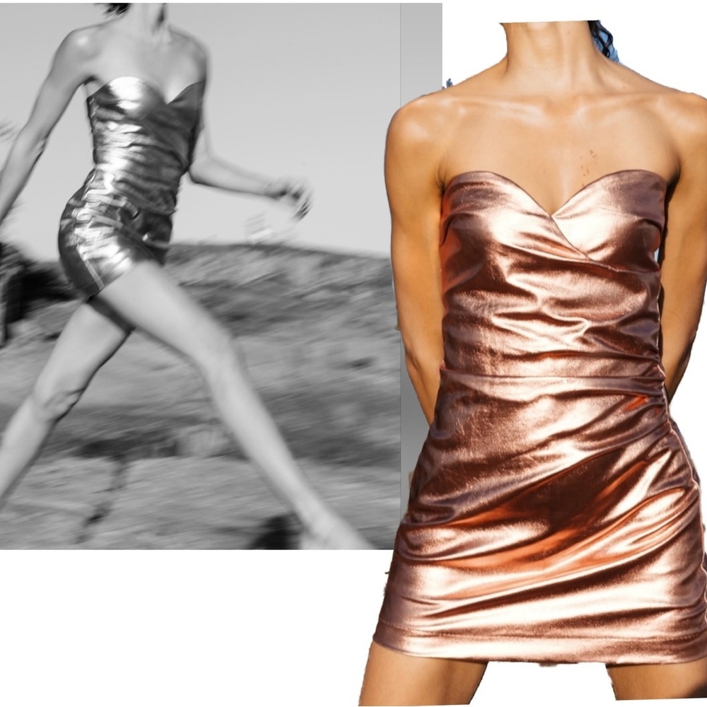 Zara rose gold metallic foil faux leather strapless mini dress bodycon Sz M NWOT - Picture 3 of 16
